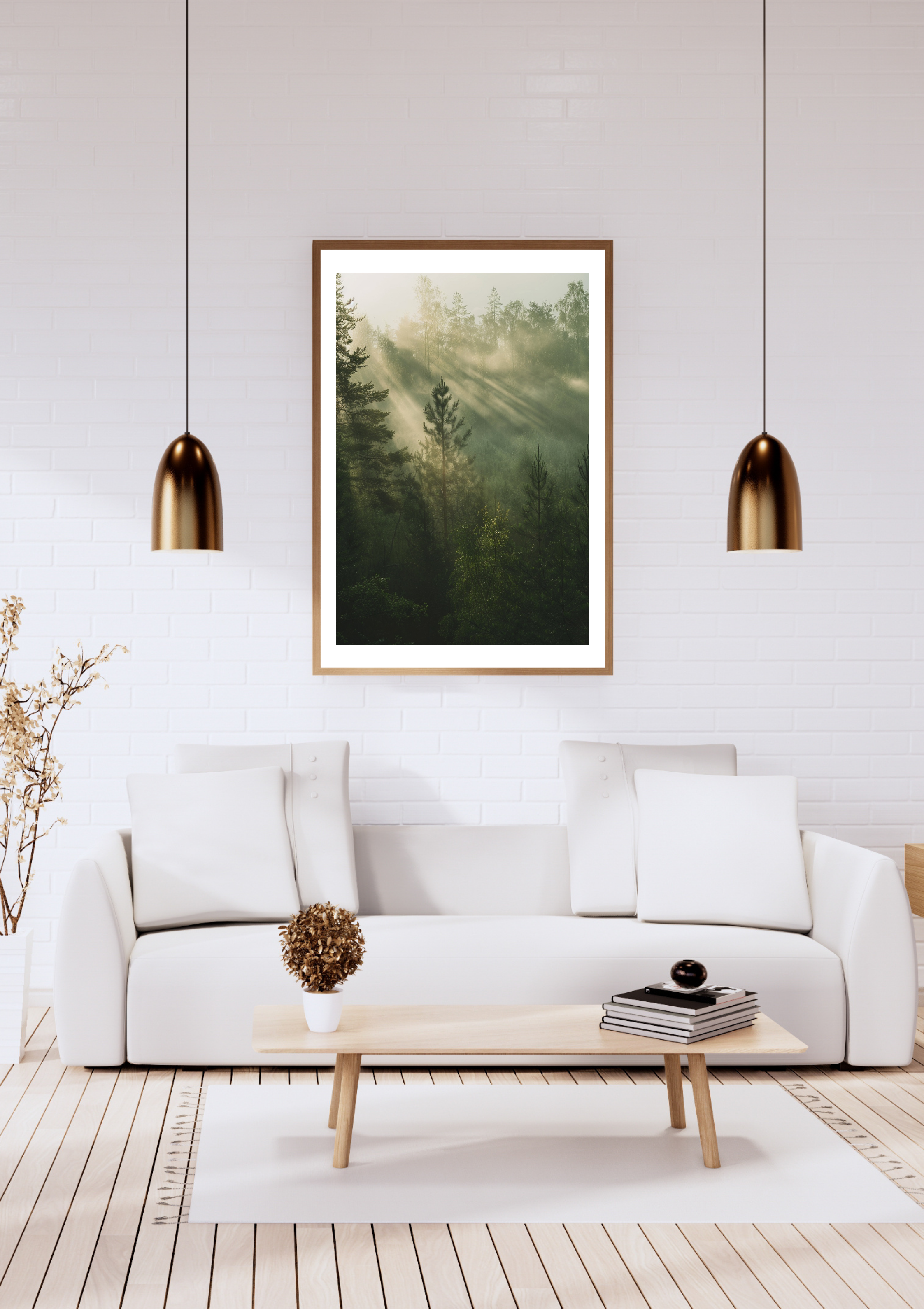 Väggkonstposter med naturmotiv från Nordanio, Forest Light Mist, minimalistisk och elegant i vitt ram.