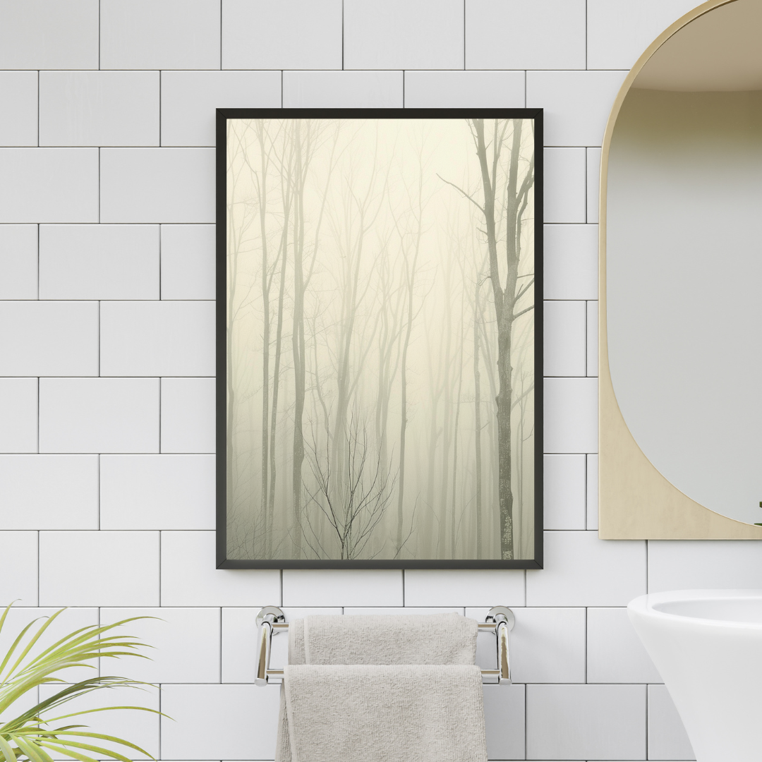 Misty Forest Trees poster från Nordanio, modern naturaffisch för väggdekor i minimalistisk vit ram.