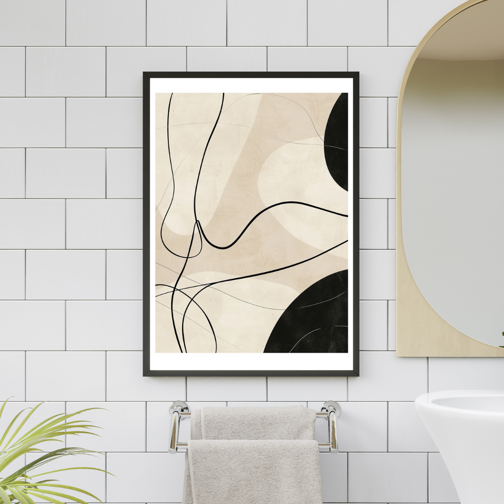 Svart linje abstrakt väggposter från Nordanio, minimalistisk och modern konst för badrum eller vardagsrum.