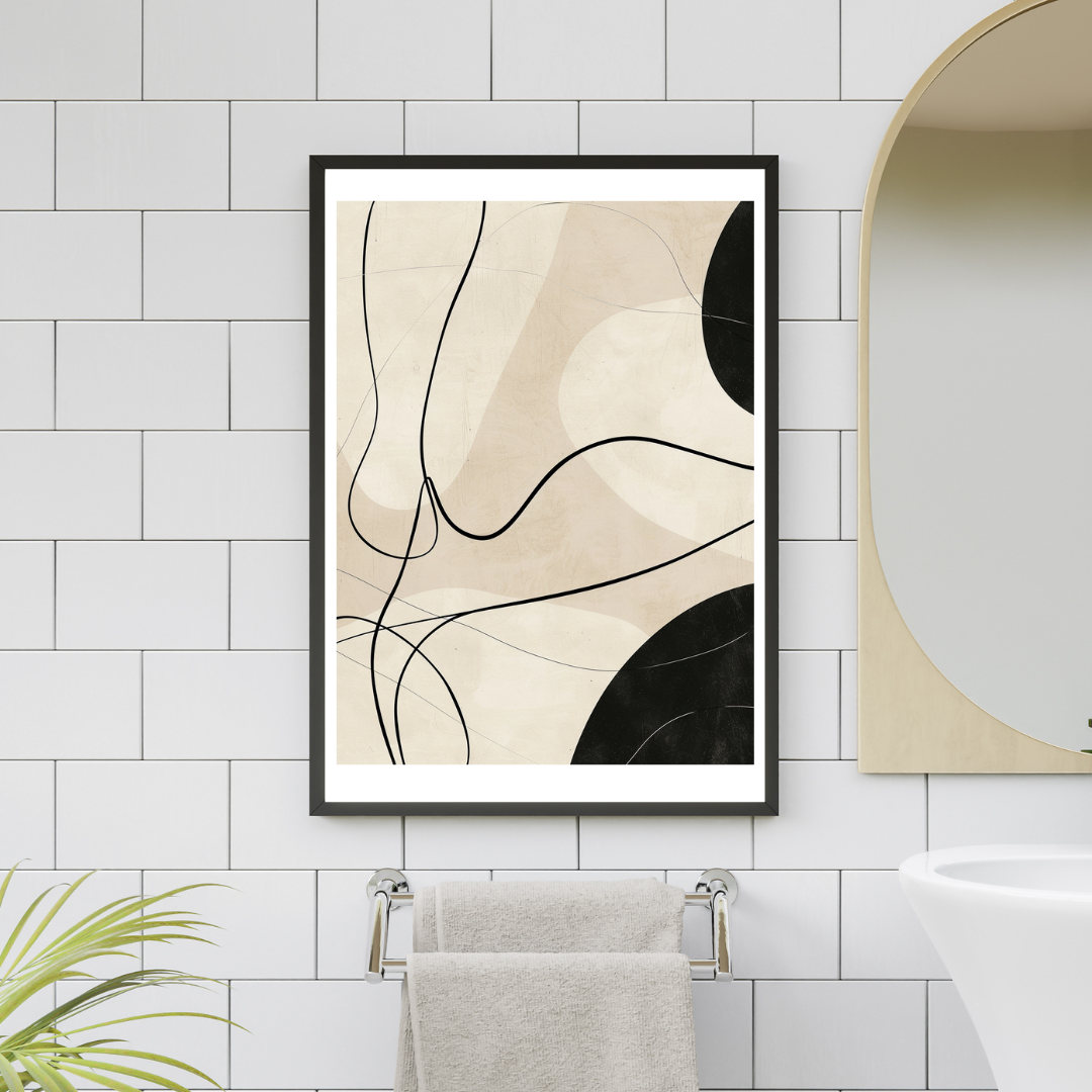 Svart linje abstrakt väggposter från Nordanio, minimalistisk och modern konst för badrum eller vardagsrum.
