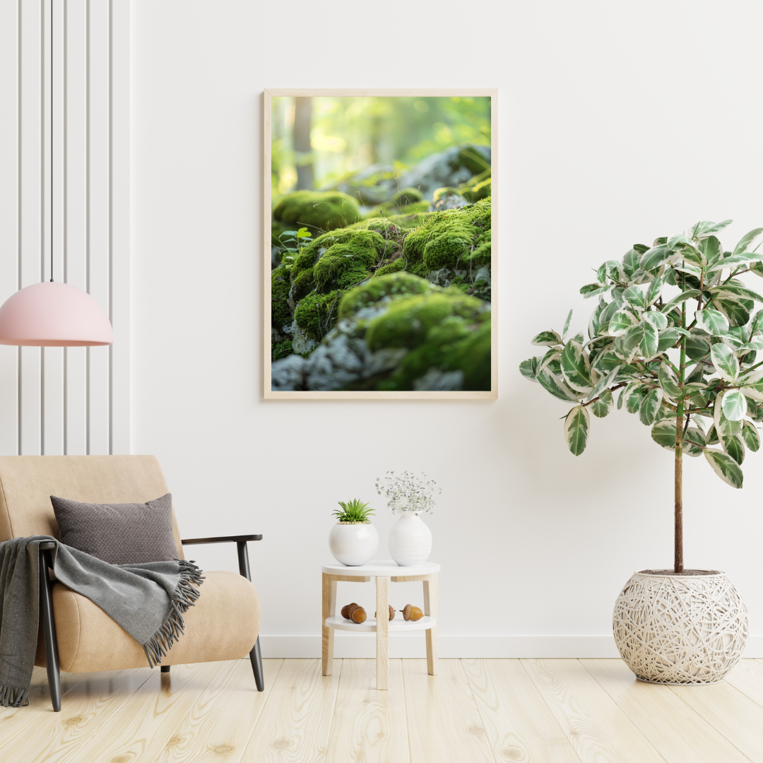 Moss närbild poster från Nordanio, naturmotiv med grön mossa och vit minimalistisk bakgrund, väggkonst för hemmet