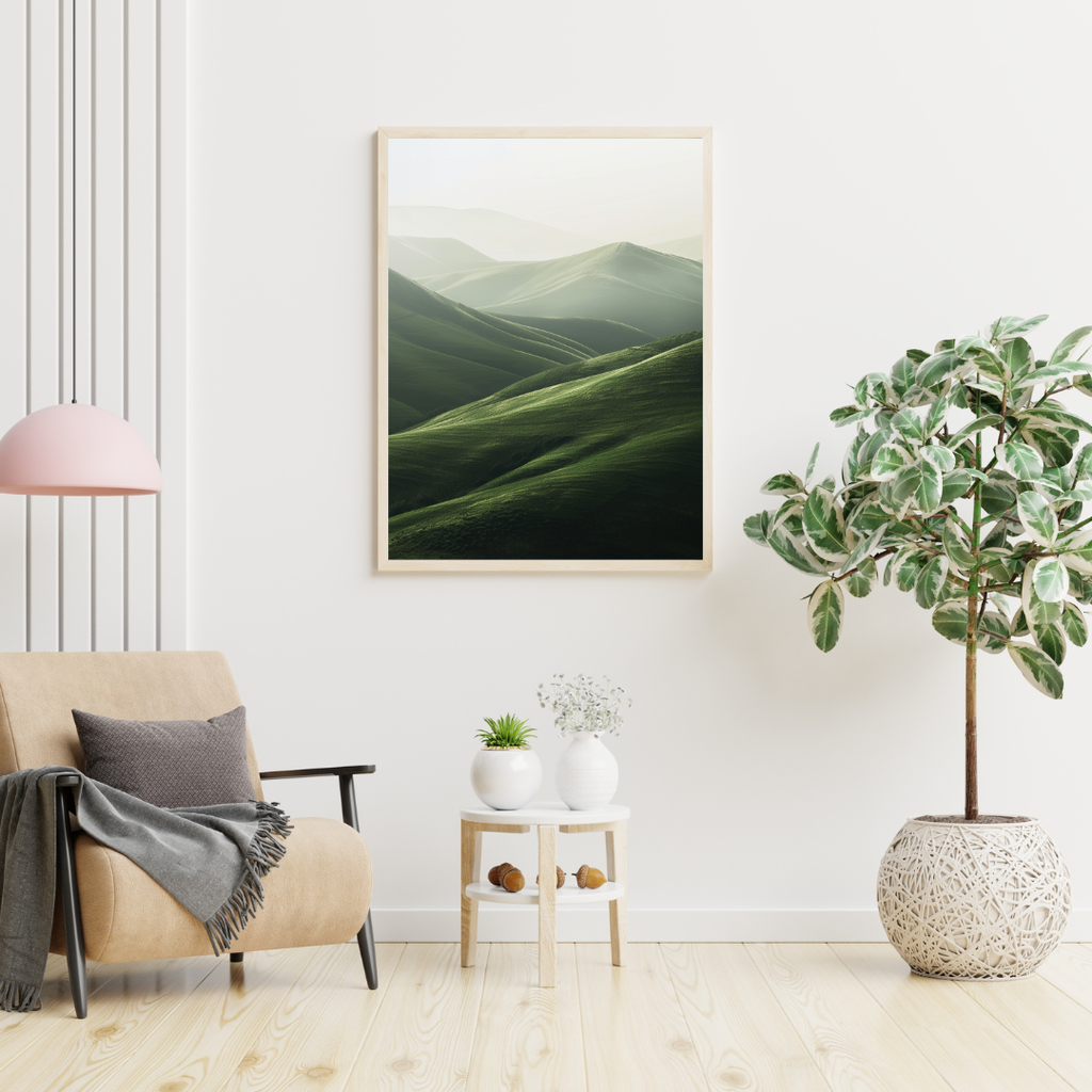 Väggposters av landskap med böljande kullar i minimalistisk stil, av märket Nordanio, på vit bakgrund.