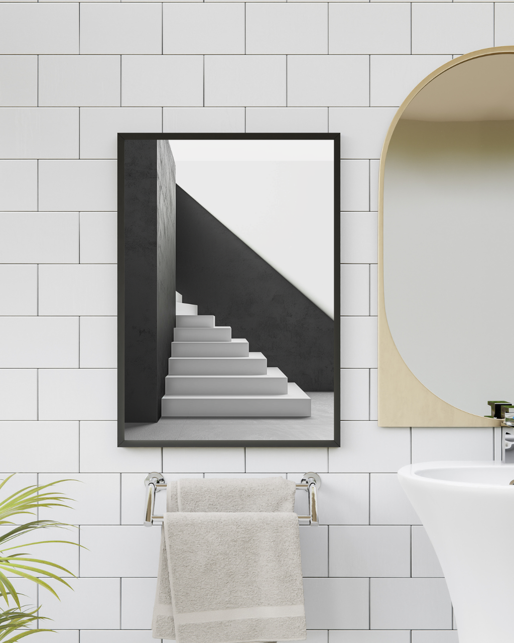 Svartvitt affisch med trappstegslampor avbildad i en minimalistisk vit och beige väggram, designad av Nordanio.