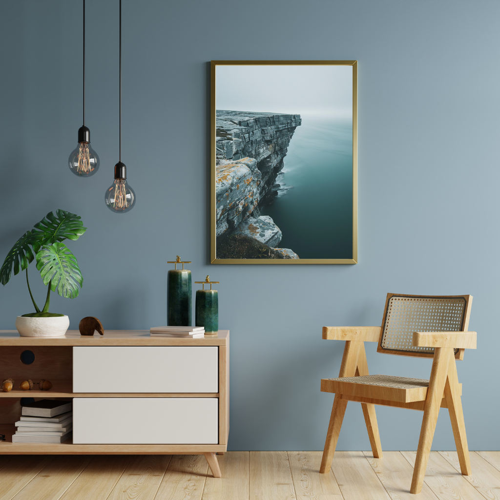 Vit och blå naturposter av klippkust från Nordanio, minimalistisk design för inredning.