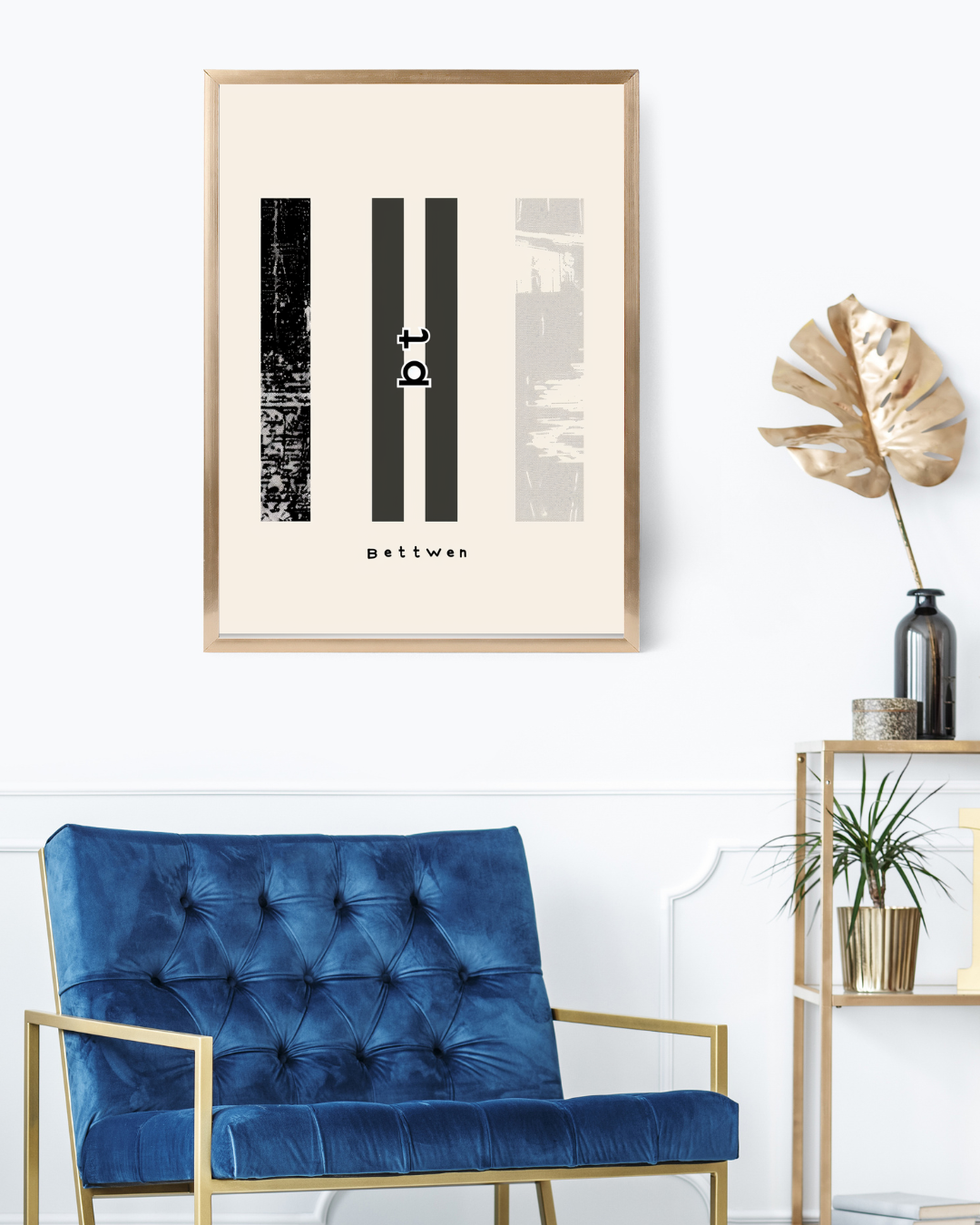 Vit och blå typografiposter från Nordanio i minimalistiskt ramupplägg för väggdekor.