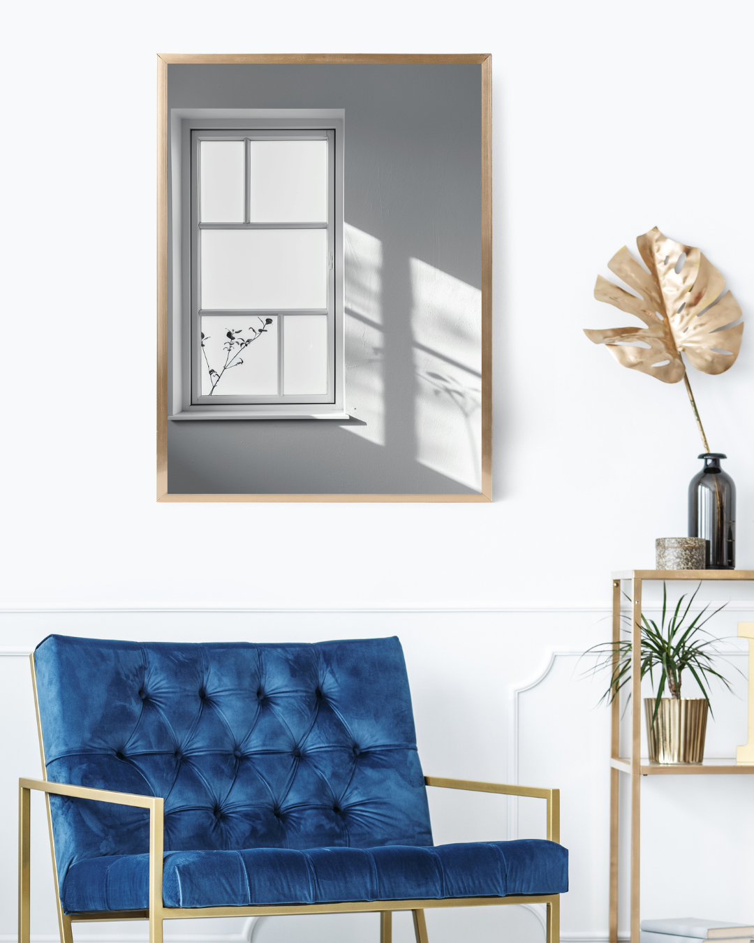 Svartvitt fönsterljust poster av Nordanio, minimalistisk väggdekoration i vitt och blått, visad i ram på vägg.