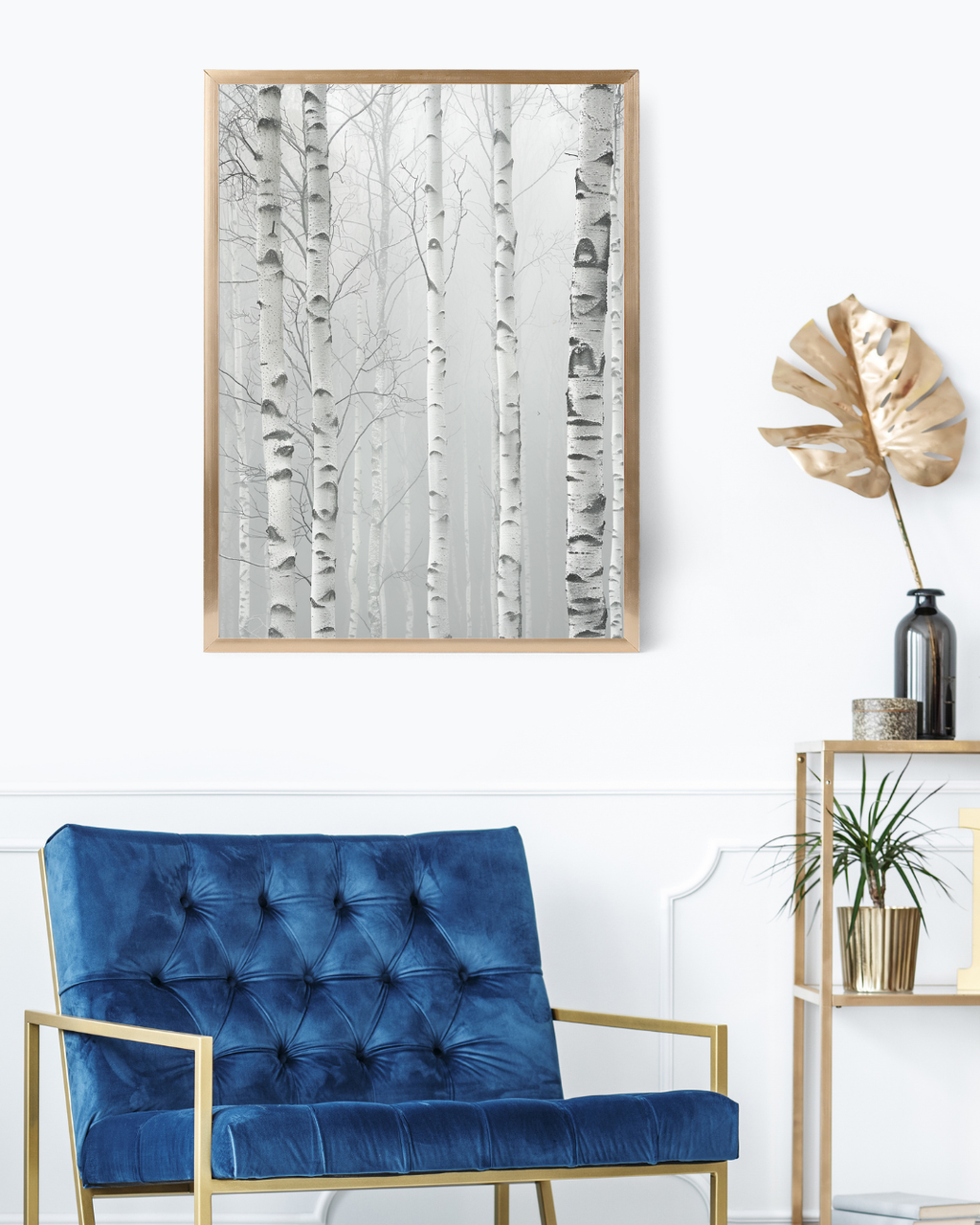 Väggpostermålning med björkskog i blå och vita nyanser, minimalistisk naturposter av Nordanio på vit ram.