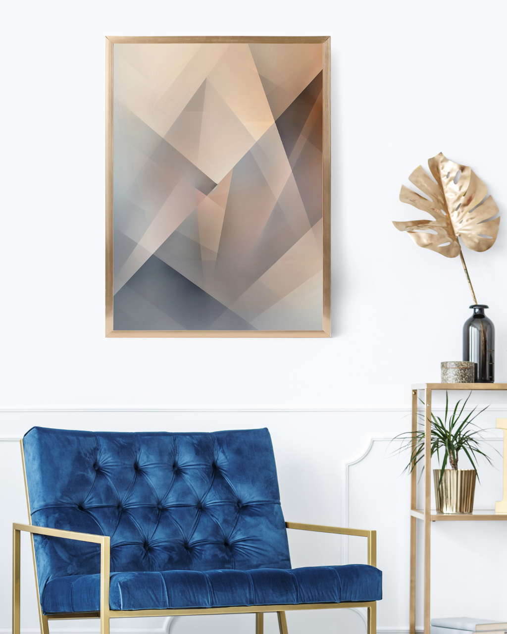 Abstrakt väggposter med gradient i blå och vit nyanser, av Nordanio, inramad och hängande på vit vägg.