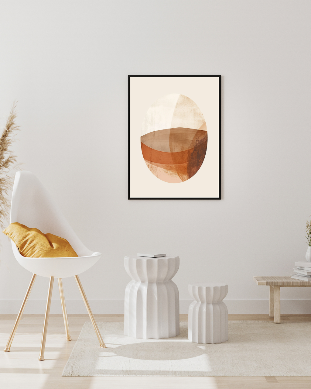 Oval abstrakt väggposter i vitt och brunt, minimalistisk design av Nordanio, visas i ram mot vit bakgrund.