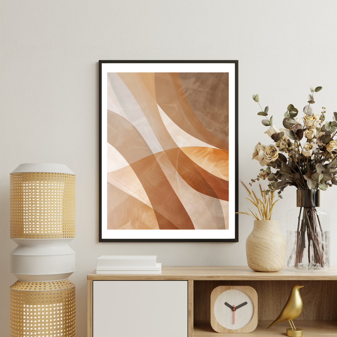 Vit och brun minimalistisk abstrakt väggposter i ram, designad av Nordanio, visar en modern konstnärlig illustration.