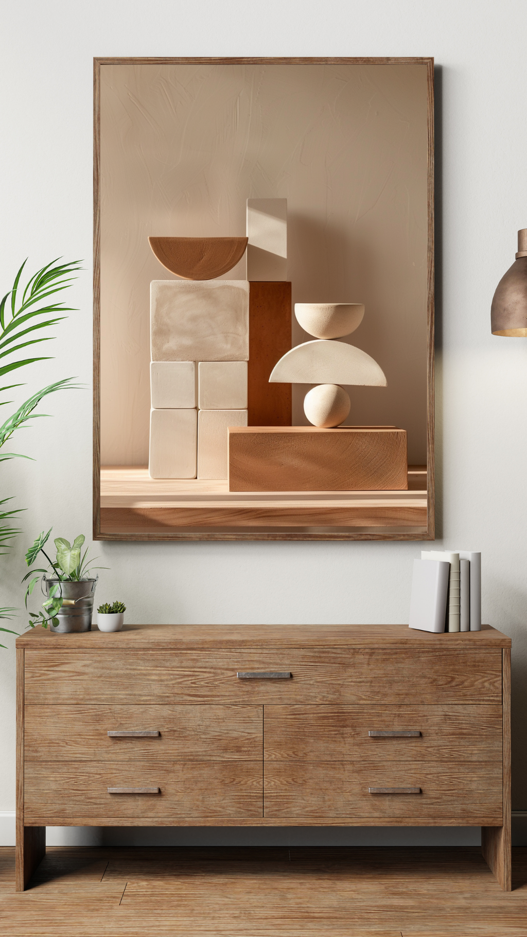 Abstrakt väggposter med geometriska block i vitt och brunt av Nordanio, modern design för inredning.
