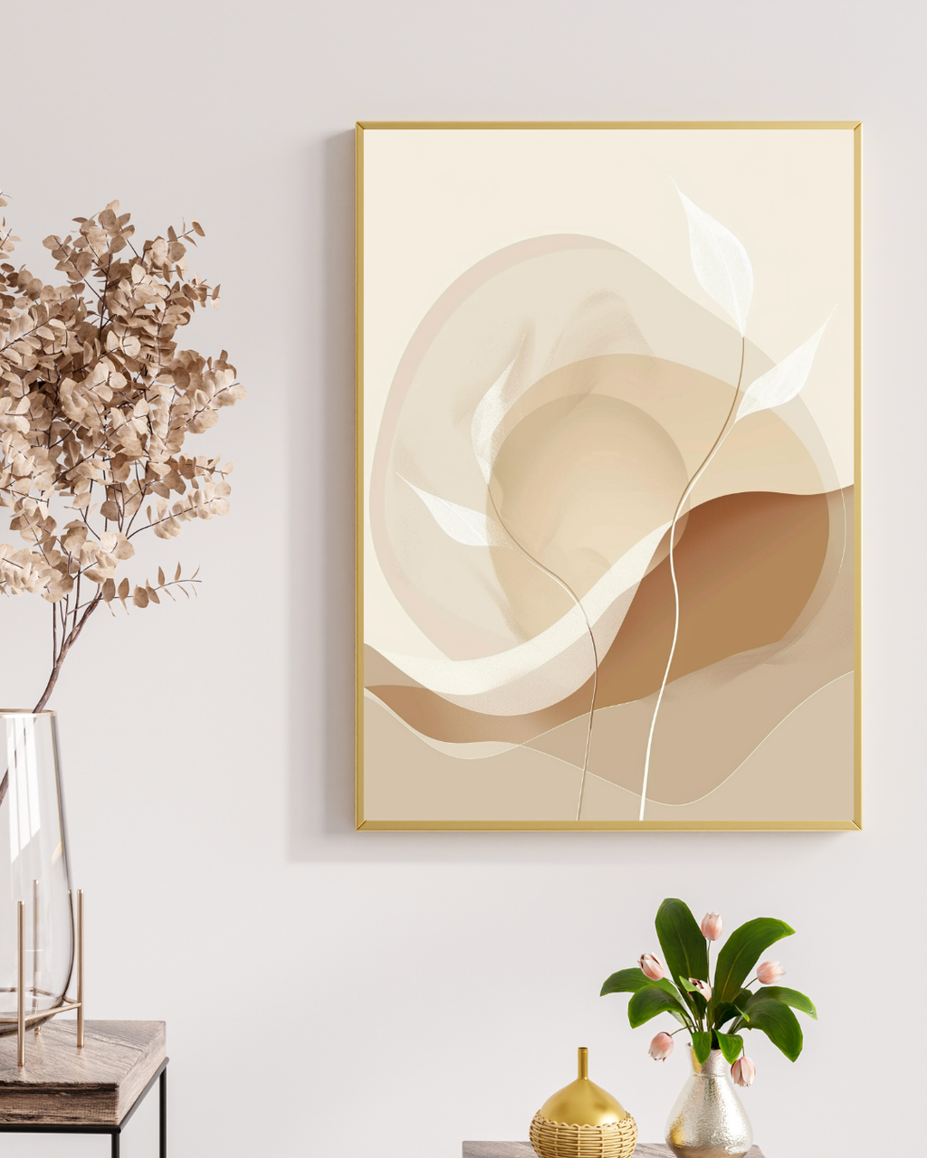 Asymmetriskt abstrakt väggposter från Nordanio i vitt och kräm, minimalistiskt rammockup för sociala medier.
