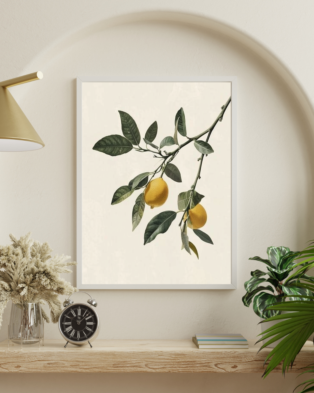 Vit och beige citrusgrenar poster från Nordanio, minimalistisk fruktposter i fotomockup med ram.
