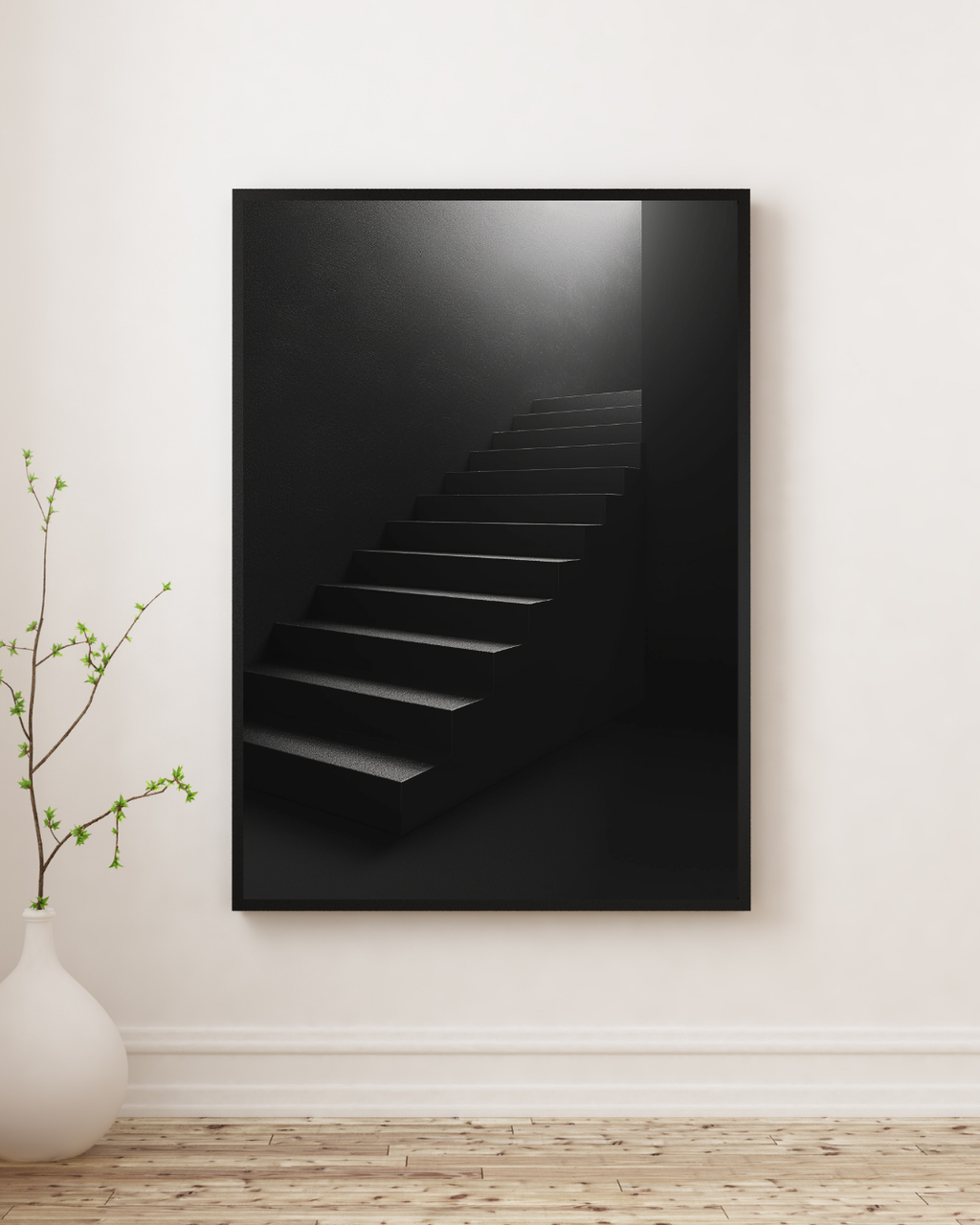 Väggposter med mörk trappa i minimalistisk design av Nordanio, svart och vit konstaffisch för väggdekoration.