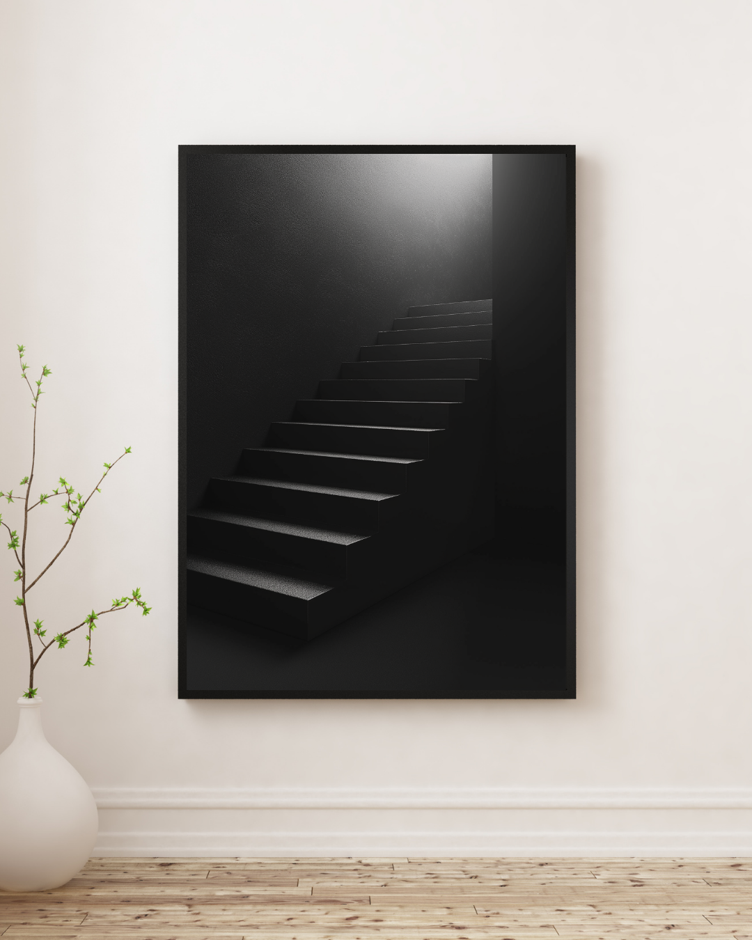 Väggposter med mörk trappa i minimalistisk design av Nordanio, svart och vit konstaffisch för väggdekoration.