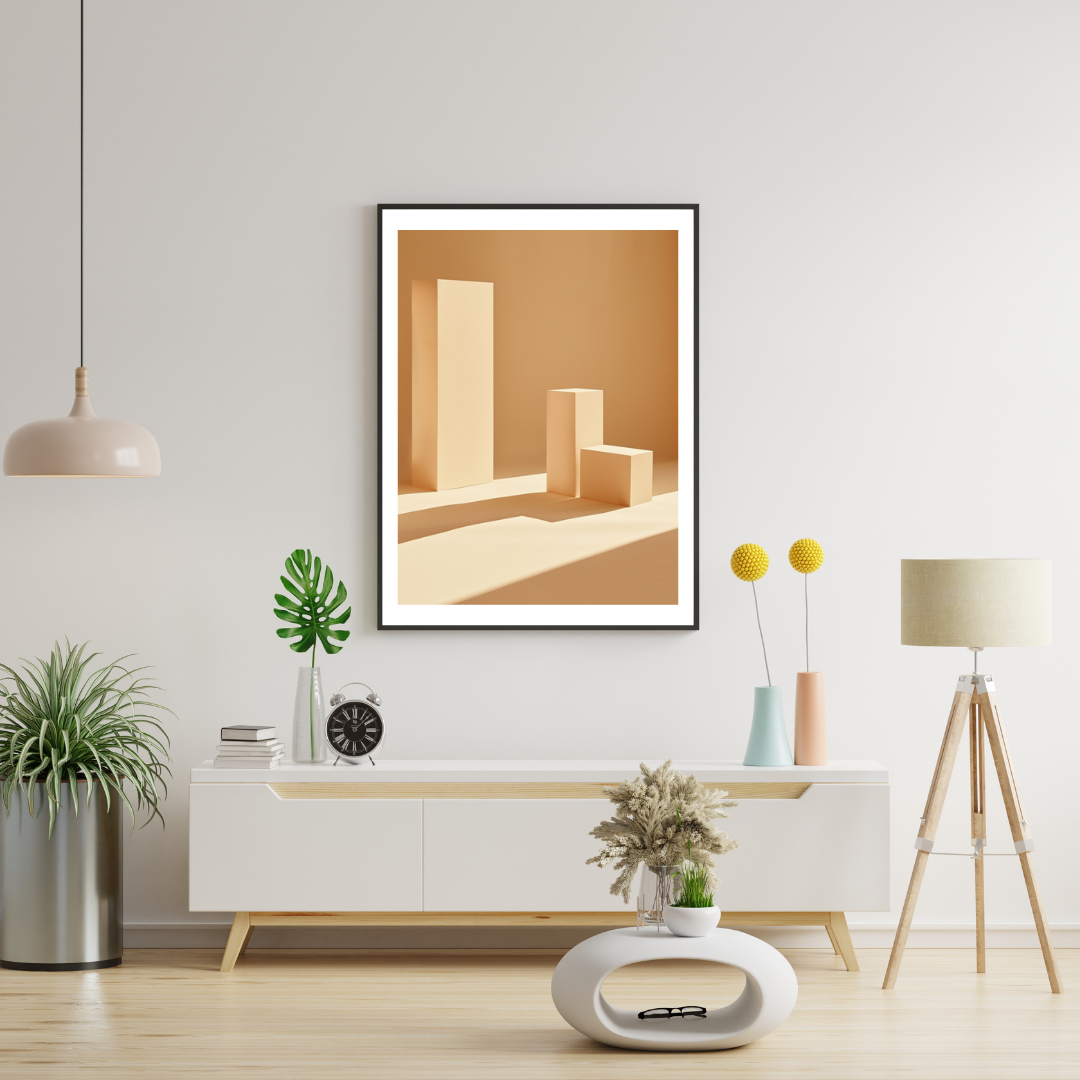 Vertikal abstrakt väggposter från Nordanio i vitt och krämfärgat minimalistiskt rammockup.