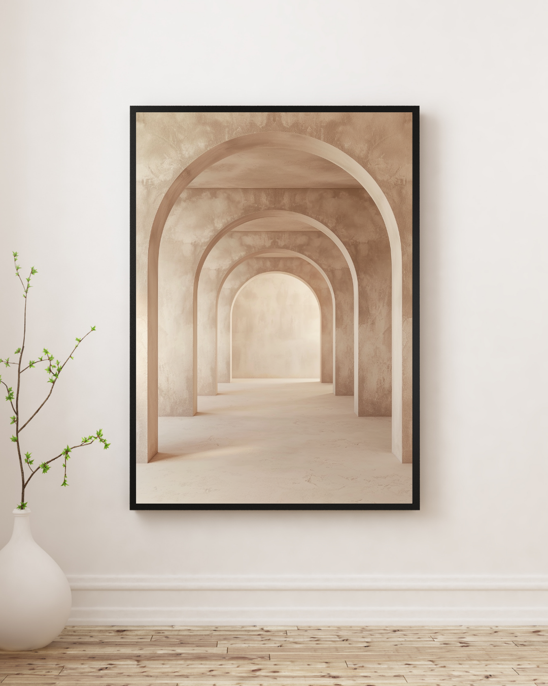 Abstrakt väggposter av Nordanio i vitt och krämfärgat minimalistiskt foto, inramad i vit ram för modern inredning.