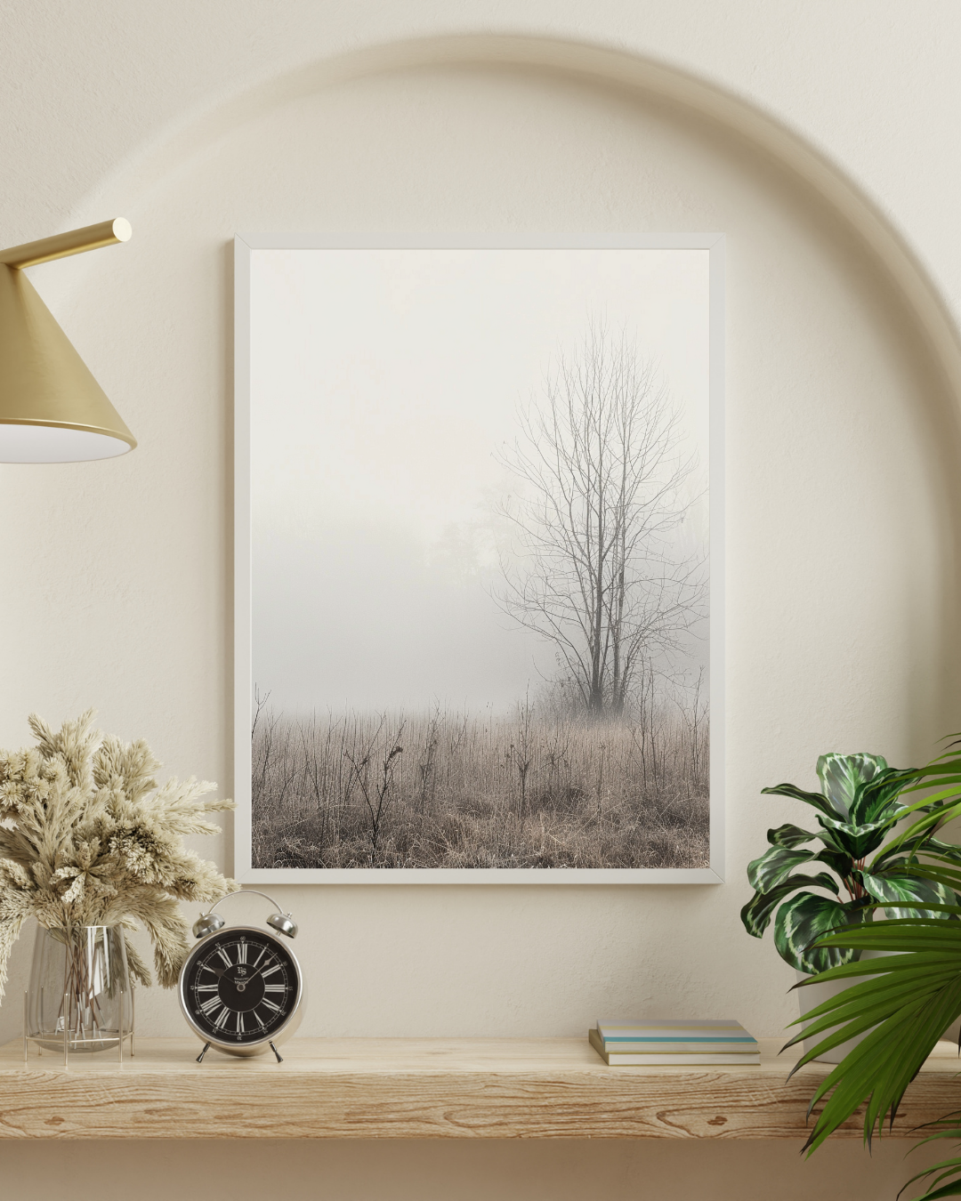 Vit och krämfärgad naturposter av Nordanio, minimalistisk fotografi i ram för väggdekoration.