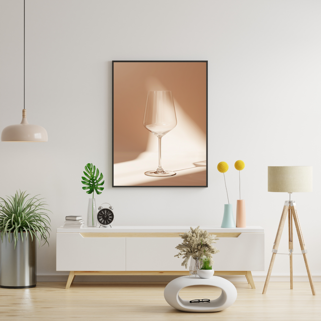 Vinprovningsskuggposter med fruktmotiv från Nordanio, vit och krämfärgad minimalistisk fotografiram.