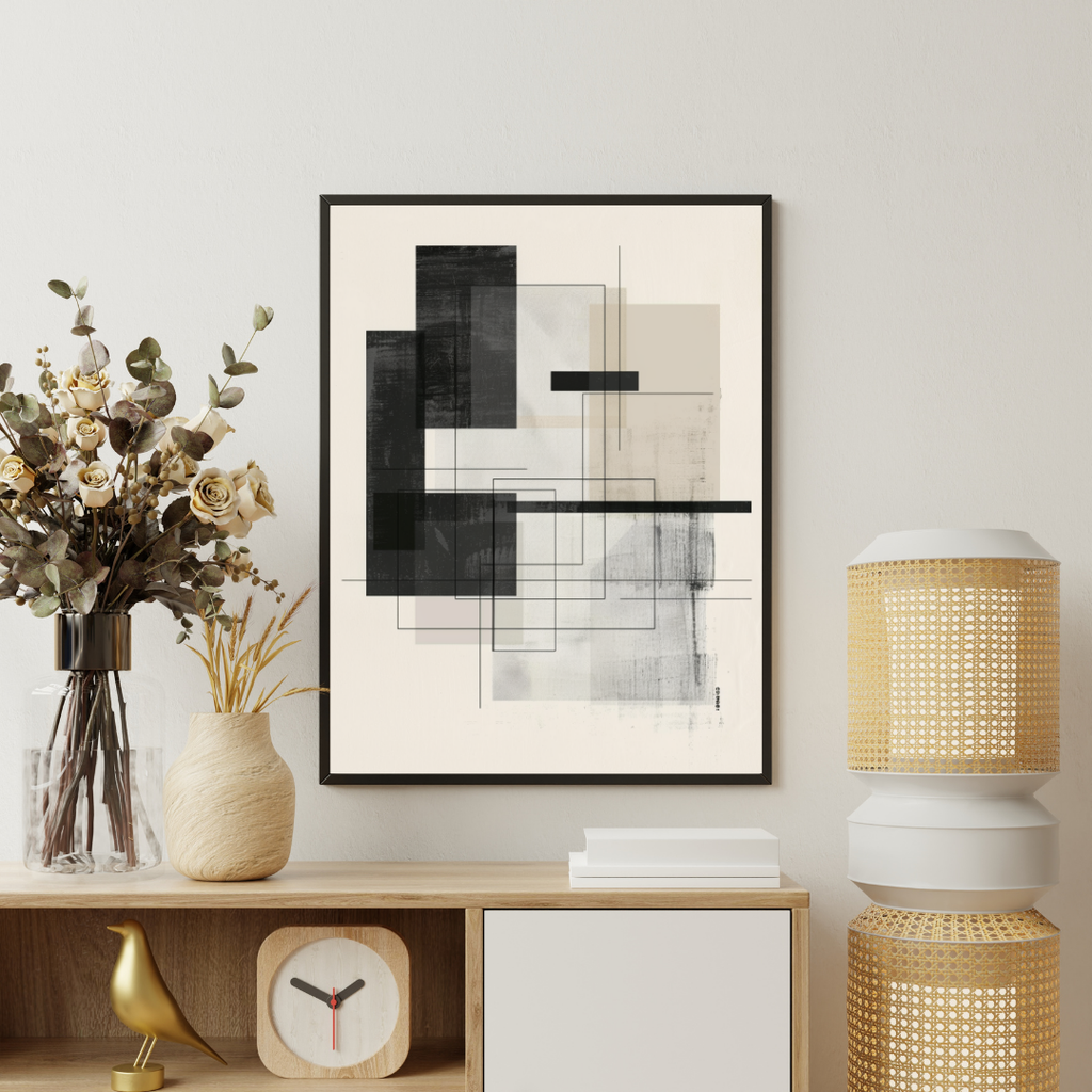 Vit och grå geometrisk linjeaffisch av Nordanio, minimalistisk abstrakt väggbild i ram.