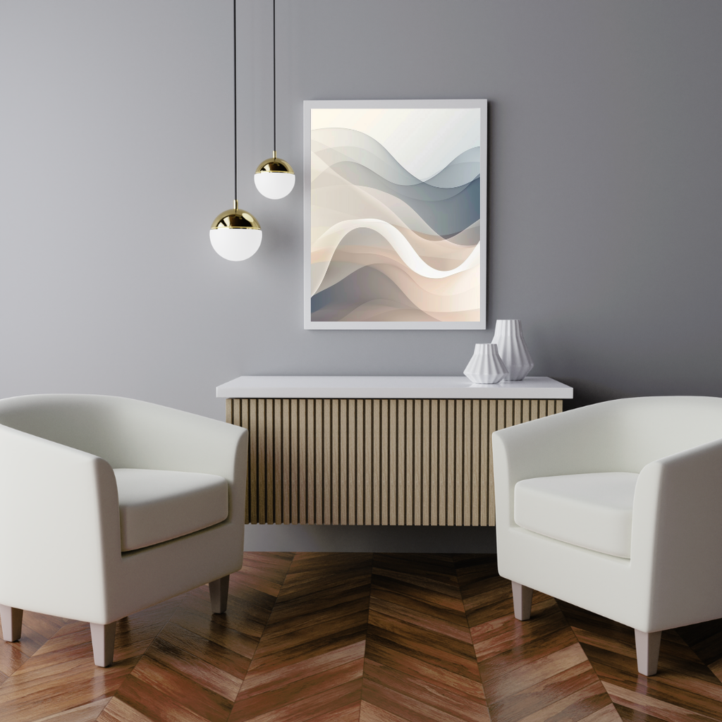 Gradient beige abstrakt väggposter från Nordanio i minimalistisk vit och grå ram, inspirerande konst för inredning.
