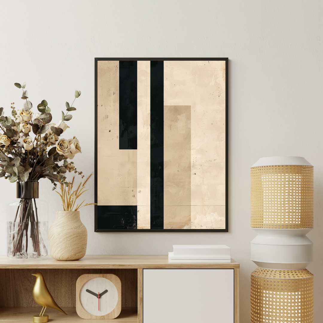 Vit och grå abstrakt väggposter med vertikala linjer, minimalistisk design från Nordanio.