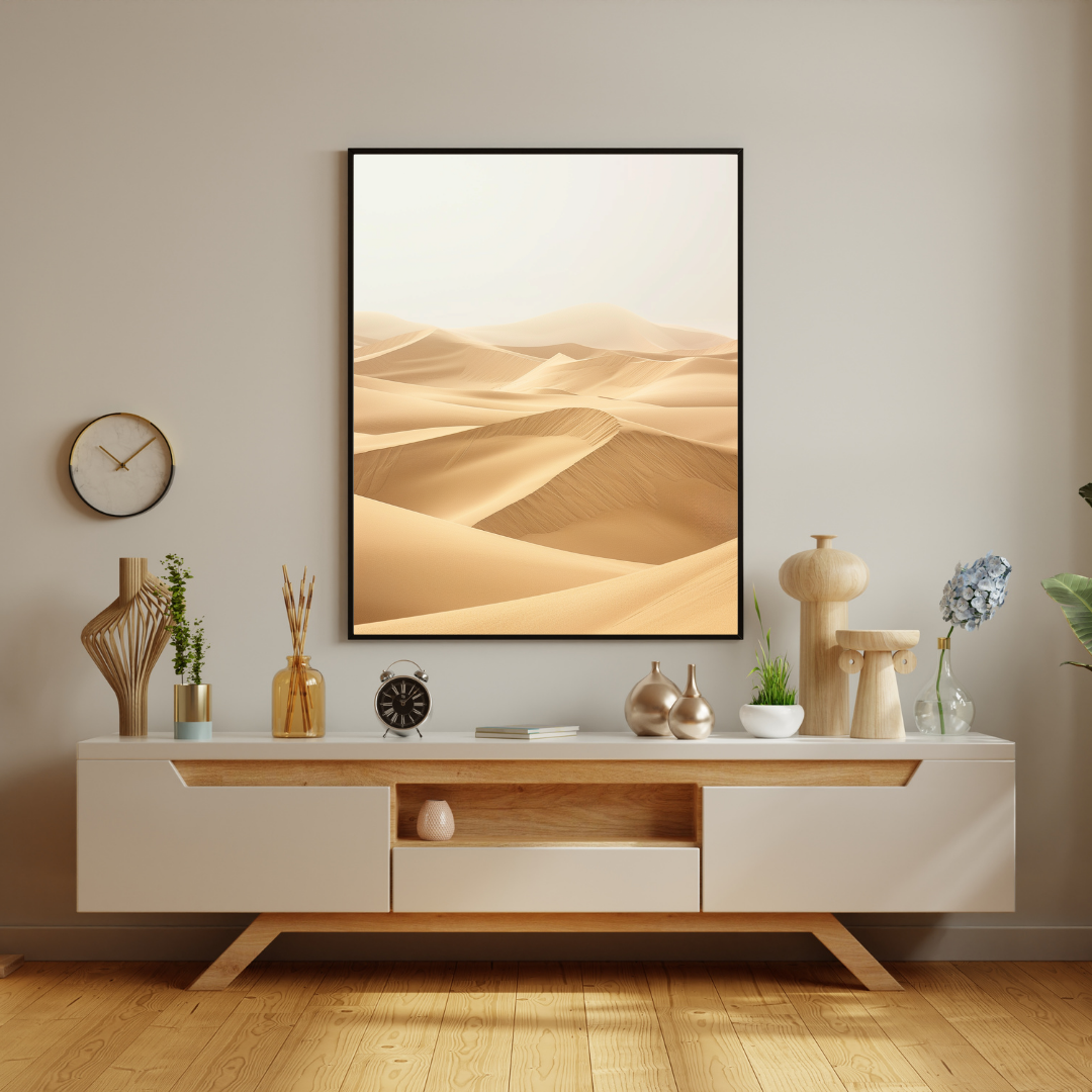 Sand Dunes poster av naturmotiv från Nordanio, minimalistisk bild av sanddyner i vitt och grått.