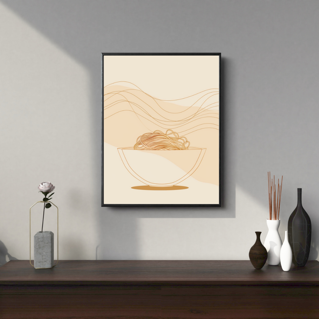 Vit och grå minimalistisk affisch med fruktillustration för pastaposter från Nordanio, inramad i foto mockup.