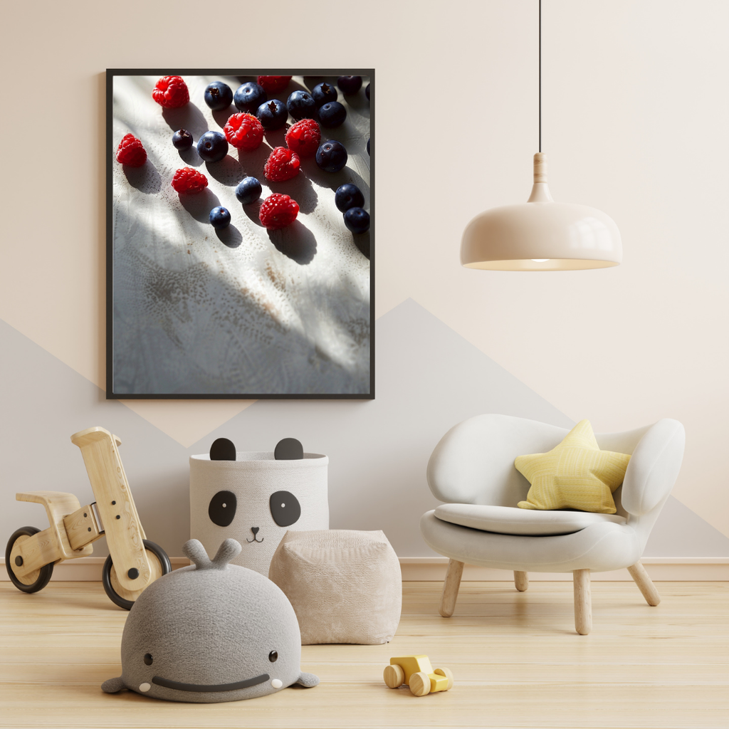 Vit och grå minimalistisk fruktposter med jordgubbar och bär, av Nordanio, i modern foto- och ramar.