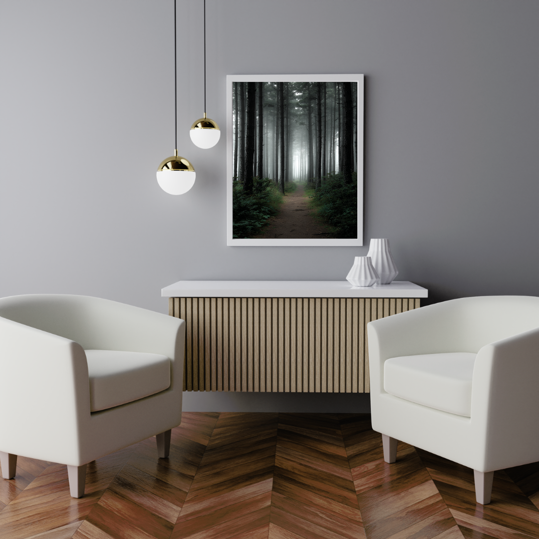 Vit och grå minimalistisk naturposter med skogsvägmotiv från Nordanio, inramad i en enkel fotobård.