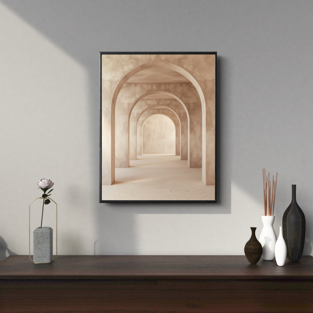 Vit och grå abstrakt väggposter av Nordanio i minimalistisk design, visar ett foto i mockupram för Instagram.