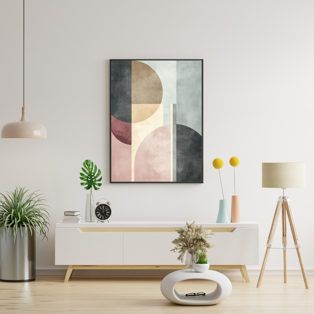 Vit och grå geometrisk minimalistaffisch i abstrakt väggposter av Nordanio för modern inredning.