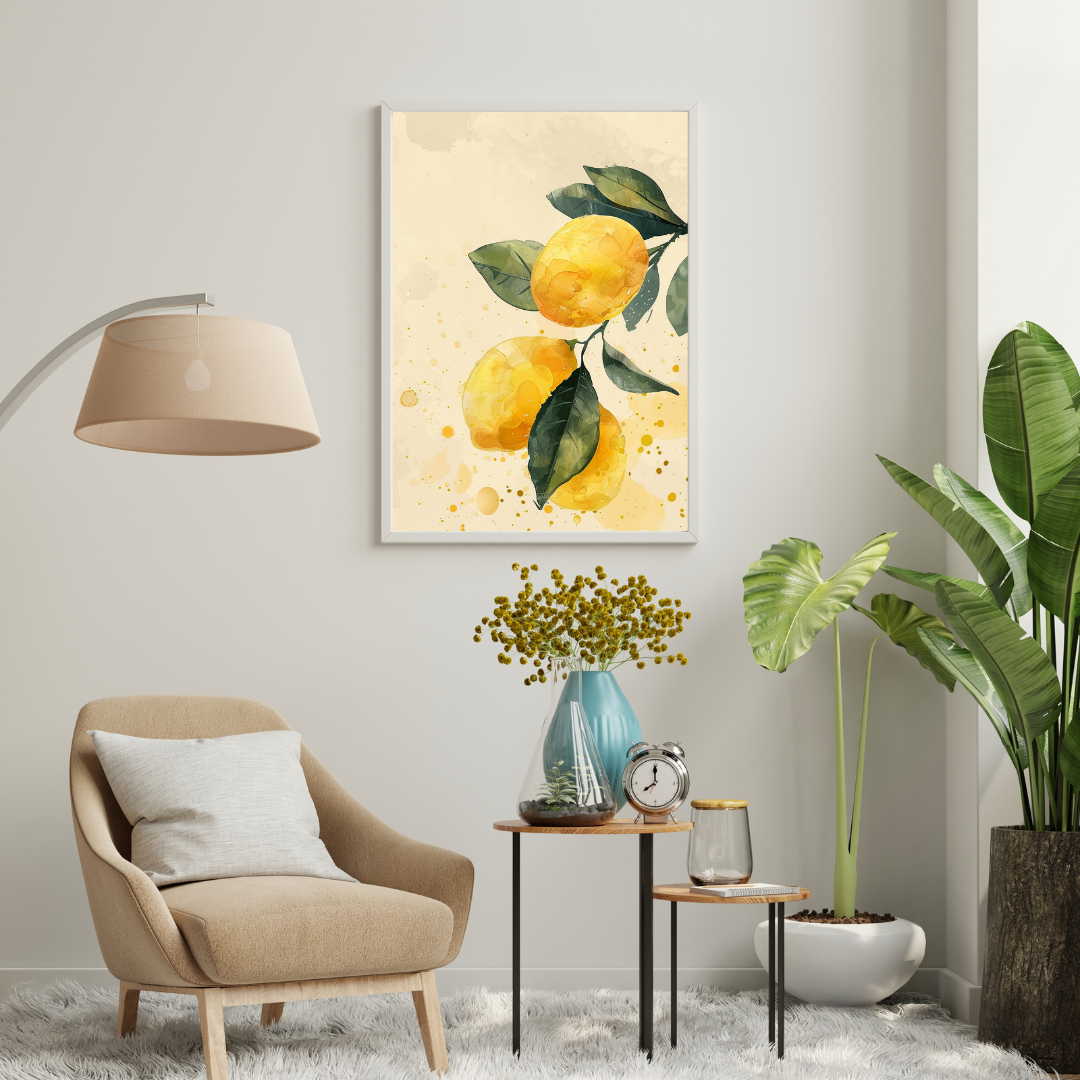 Vit och grönt akvarellposter av citron, minimalistisk fruktposter från Nordanio, visar ett konstnärligt citronmotiv på vit bakgrund.