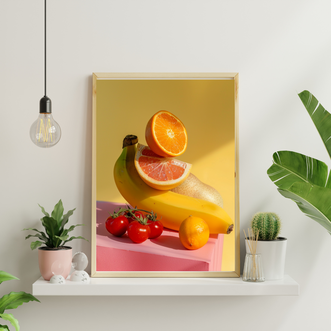 Vit och grön abstrakt fruktposter av Nordanio, modern minimalist väggkonst för hemmets dekoration.