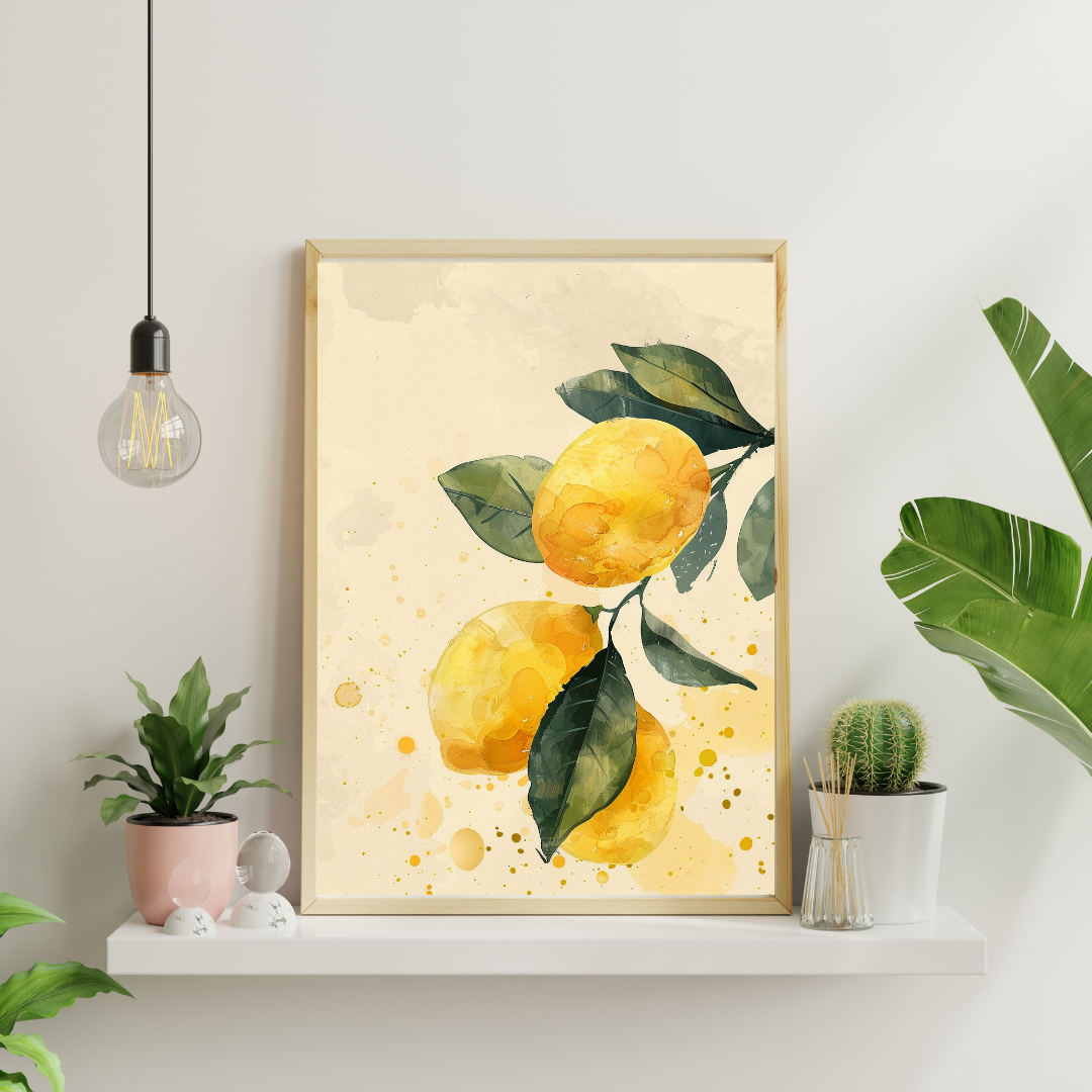 Lemon watercolor poster med citrustområde, minimalistisk design i grönt och vitt, av Nordanio för väggdekoration.
