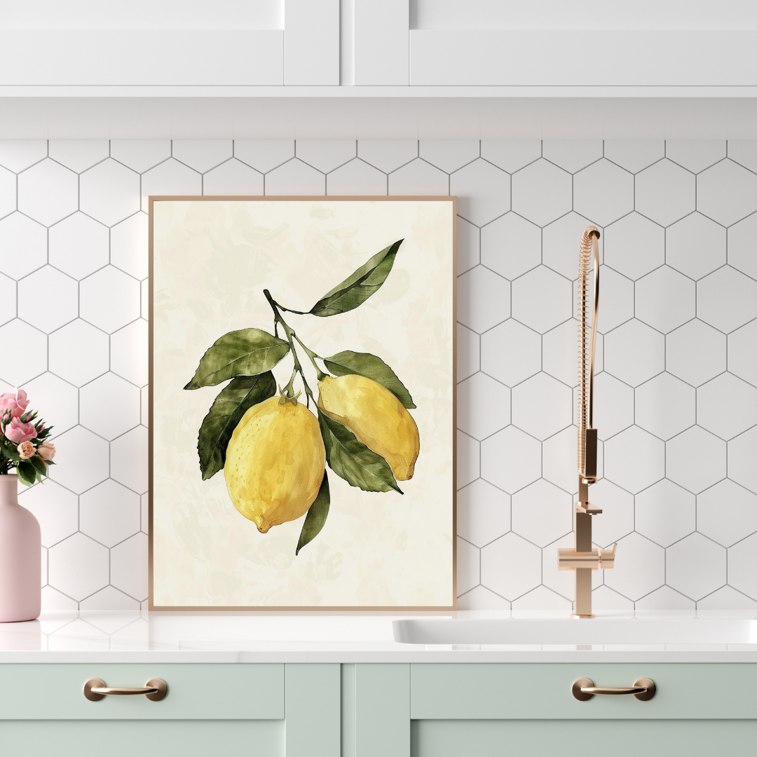 Vit och grön citronillustration poster från Nordanio, modern fruktväggkonst för inredning och väggdekor.