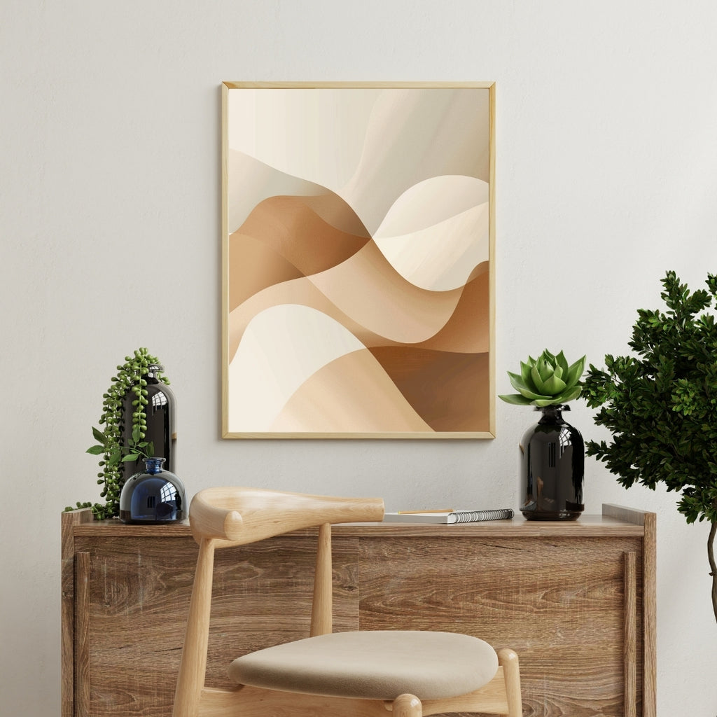 Vitt och grått abstrakt väggposter från Nordanio i minimalistisk ram på träbord, familjebild mockup.