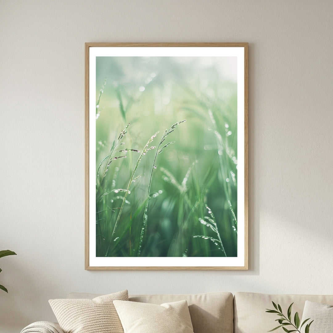Väggposter med grön naturmotiv av Nordanio, inramad i vit och grå minimalistiskram, placerad på träbord.
