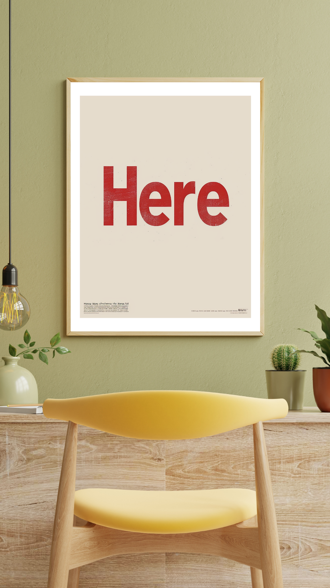 Gult väggposter med typografi från Nordanio, väggram och modern design för inredning.